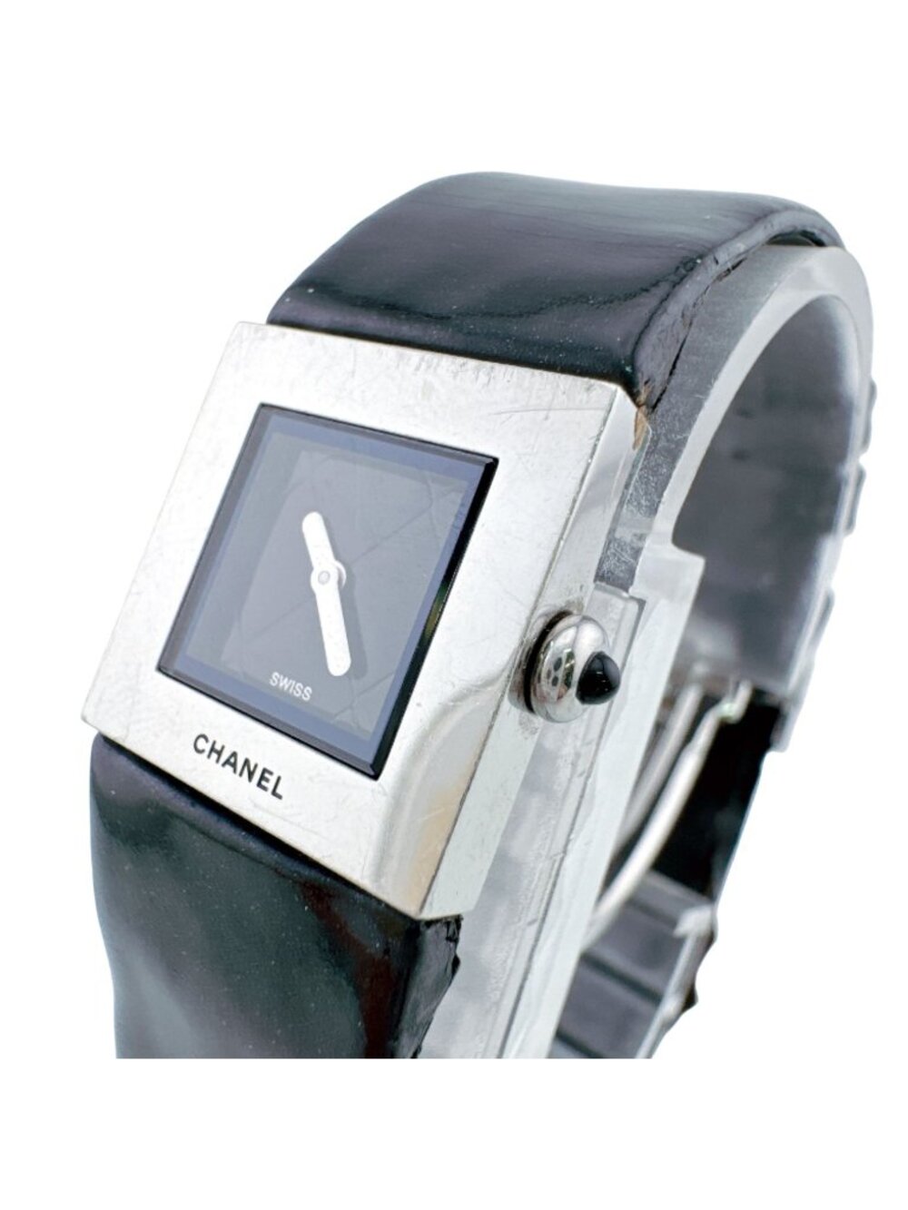 Chanel Quilted SS Stainless Steel Quartz Watch Black Dial Square Delicate